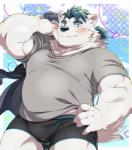 anthro belly blush bulge clothing fur humanoid_hands male overweight overweight_anthro overweight_male solo underwear white_body white_fur hinami canid canine canis mammal wolf 2018 hi_res