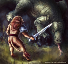 ambiguous_feral ambiguous_gender anthro armor beady_eyes brown_mane butt duo fangs feral forked_tongue fur grass green_body green_scales holding_melee_weapon holding_object holding_sword holding_weapon male male_anthro mane melee_weapon orange_body orange_fur pink_tongue plant scales size_difference standing sword tail tail_tuft teeth tongue tongue_out tuft weapon satanic_monkey felid komodo_dragon lion lizard mammal monitor_lizard pantherine reptile scalie hi_res