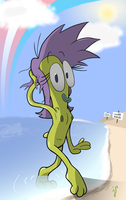 anthro areola beach blue_lips breasts cloud eyelashes female foot_in_water green_body hair lgbt_pride lips navel nipples nude_beach pride_colors purple_hair sand sign signpost small_breasts solo sun text transgender_pride_colors spongesquirrel44 nickelodeon rocko's_modern_life rachel_bighead amphibian frog 2021 absurd_res english_text hi_res trans_(lore) trans_woman_(lore)
