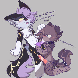 anthro biped blush bodily_fluids brown_body clothed clothing collar crossdressing cum cum_in_mouth cum_inside cumshot drinking drinking_cum duo ear_piercing ejaculation fellatio femboy fur genital_fluids genitals good_boy male male/male oral oral_penetration penetration penile penis piercing sex simple_background tail text cubupaws canid canine canis domestic_cat domestic_dog felid feline felis mammal 1:1 digital_media_(artwork) english_text hi_res