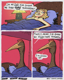 after_sex beak bed bedroom bestiality blonde_hair brown_body brown_feathers brown_scales dialogue duo feathers female feral furniture green_eyes hair head_crest human_on_feral humor inside insult interspecies lamp long_hair male male/female nude oops open_mouth pillow profanity pun scales smile speech_bubble text under_covers neil_kohney the_other_end azhdarchid human mammal prehistoric_species pterosaur quetzalcoatlus reptile scalie comic english_text hi_res