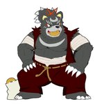 anthro black_body black_fur bottomwear clothing eating food fur kemono male overweight overweight_anthro overweight_male pants simple_background solo white_background mizunabe sengoku_puzzle kintoki_sakata bear mammal 1:1 2020