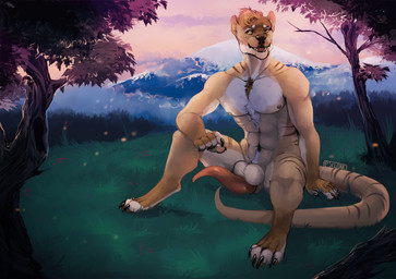abs animal_genitalia animal_penis anthro balls balls_above_penis brown_body brown_fur erection fur genitals grass male male_anthro marsupial_penis mountain muscular muscular_anthro muscular_male nipples nude nude_anthro nude_male open_mouth orange_eyes outside pecs penis pink_penis plant sitting solo striped_body striped_fur stripes tan_body tan_fur tapering_penis teeth tongue tree white_body white_fur i-psilone dasyuromorph mammal marsupial recently_extinct_species thylacine 2019