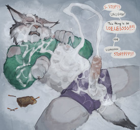 anthro balls bodily_fluids cheek_tuft clothed clothing clothing_lift cum cum_on_balls cum_on_chest cum_on_face cum_on_own_chest cum_on_own_face cum_on_penis cum_on_self dialogue ejaculation erection excessive_cum excessive_genital_fluids facial_tuft fangs foreskin fur genital_fluids genitals green_clothing green_sweater green_topwear grey_body grey_fur hands-free humanoid_genitalia humanoid_penis lying male match matchbox on_back orgasm penis penis_poking_out penis_through_fly penis_through_underwear solo speech_bubble spontaneous_ejaculation sweat sweater sweater_lift teeth text topwear tuft underwear unwanted_cumshot unwanted_ejaculation unwanted_erection whiskers fanofthefurr disney zootopia pawbert_lynxley canada_lynx felid feline lynx mammal absurd_res english_text hi_res