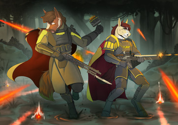 action_pose anthro armor bayonet duo explosives fight grenade gun knife male pose ranged_weapon weapon klempner helldivers broderick_longshanks gray_mccolt equid equine horse mammal absurd_res hi_res