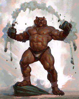 5_fingers 5_toes abs ankle_band anthro barazoku breaking brown_body brown_fur bulge claws clothed clothing ear_piercing ear_tag feet finger_claws fingers fur holding_rock male muscular muscular_anthro muscular_male neck_tuft nipples open_mouth paws pecs piercing plantigrade snarling solo standing step_pose teeth thick_thighs toe_claws toes tuft underwear underwear_only vein veiny_muscles wristband yellow_eyes taran_fiddler bear mammal 2025 absurd_res hi_res signature
