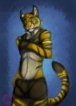 anthro bottomwear bulge clothing ear_piercing eyebrows fur green_eyes looking_at_viewer male piercing pink_nose shirt shorts smile solo stripes tail tank_top topwear tuft whiskers white_body white_fur yellow_body yellow_fur flynx-flink letigre felid mammal pantherine tiger 2013