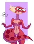 anthro bite biting_lip blonde_hair breasts fangs female genitals hair looking_at_viewer narrowed_eyes navel nipples nude pussy red_body red_scales scales solo teeth bunbunmuffins amphibia_(series) disney general_yunan amphibian newt salamander 2022 absurd_res hi_res