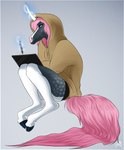 anthro clothed clothing cloven_hooves drawing_tablet electronics eyebrows eyelashes facial_markings female hair head_markings heterochromia hoodie hooves horn looking_down magic_user mane markings multicolored_body pink_hair pink_mane pink_tail simple_background sitting solo tablet_pen tail topwear two_tone_body underwear fluffymare mythology raeni equid equine mammal mythological_creature mythological_equine unicorn 2022 digital_media_(artwork) hi_res