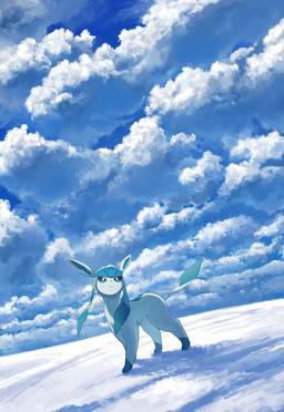ambiguous_gender blue_body blue_eyes cloud feral paws sky smile snow solo tail kuchiba nintendo pokemon eeveelution generation_4_pokemon glaceon pokemon_(species) 2025 digital_media_(artwork) hi_res