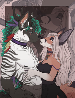 anthro areola biped bottomwear breasts claws clothed clothed_anthro clothed_female clothed_male clothing duo female fingers fully_clothed fully_clothed_anthro fully_clothed_female fur hair horn male nipples partially_clothed partially_clothed_anthro partially_clothed_male smile standing tail teeth topless topless_anthro topless_male topwear yeenshield mythology canid canine dragon fox hybrid hyena mammal mythological_creature mythological_scalie scalie hi_res