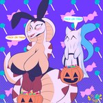 anthro big_breasts blue_eyes breasts bunny_costume candy clothing costume dessert duo female food ghost_costume holidays huge_breasts male text trick-or-treating white_body nemuri halloween nintendo pokemon milian_(mew_lindo) generation_1_pokemon legendary_pokemon mew_(pokemon) pokemon_(species) reptile scalie shiny_pokemon snake 1:1 english_text hi_res