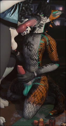 anthro balls bodily_fluids body_writing clothed clothing cum cum_drip cum_dripping_from_penis cum_in_mouth cum_inside cum_on_face cum_on_penis degradation dripping duo ejaculation erection fellatio fishnet_clothing fur genital_fluids genitals knot legwear licking looking_pleasured male male/male markings open_mouth oral orgasm penile penis sex skimpy slutty_face smile submissive teeth text tongue tongue_out topwear lill_esp lill_espion rexouium 3d_(artwork) absurd_res blender_(artwork) digital_media_(artwork) english_text hi_res