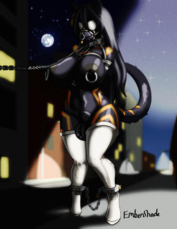 animal_genitalia ankle_chain ankle_cuffs anthro armbinder balls bdsm big_breasts big_nipples binder_(restraint) black_body black_hair blindfold bondage_gear bound breasts collar cuff_(restraint) detailed_background exhibitionism facial_piercing furgonomic_piercing furgonomics gag genital_piercing genitals hair herm intersex leash leash_pull light lock long_hair moon moonlight night nipple_piercing nipples nose_piercing orange_stripes piercing piercing_pull restraints ring_gag scrotum_piercing sheath sheath_piercing solo street street_lamp stripes ember-shade embershade_(character) felid feline mammal pantherine hi_res