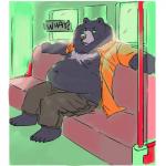 anthro belly bottomwear clothed clothing detailed_background male moobs navel nipples open_clothing open_shirt open_topwear overweight overweight_anthro overweight_male pants shirt sitting solo text topwear spazz_bear bear mammal 1:1 2018 absurd_res hi_res