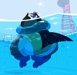 anthro beak belly big_belly big_butt black_body black_feathers brown_body brown_feathers butt chain-link_fence clothed clothing feather_hands feathered_wings feathers feet fence gesture hand_gesture hat headgear headwear huge_butt life_ring lifeguard_chair looking_back male membrane_(anatomy) obese obese_anthro obese_male open_beak open_mouth open_smile outside overweight overweight_anthro overweight_male parasol partially_submerged pointing pointing_up pool public_pool rear_view scuted_legs scutes smile smug solo speedo swim_ring swimming swimming_pool swimwear tail tail_feathers thick_thighs toes topless water webbed_feet white_body white_feathers wide_hips wings kikatsu anatid anseriform anserinae avian bird canada_goose goose