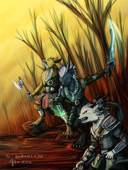 4_ears 4_toes 5_fingers anthro armlet armor axe battle_axe black_nose bracers braided_hair chainmail claws clothed clothing dagger fantasy_sword fantasy_weapon feet fingers fur furgonomics glowing green_eyes grey_body grey_fur group hair holding_object holding_weapon horn magic magic_user male melee_weapon multi_ear open_mouth sword teeth toes weapon white_body white_fur white_hair yellow_body yellow_eyes yellow_fur dalagar guild_wars charr felid mammal 2012 3:4 absurd_res hi_res signature