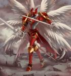 ambiguous_gender armor cape clothing fusion holding_object holding_weapon melee_weapon not_furry outside solo sword symbol text weapon wings zero_unit sartika3091 bandai_namco digimon digimon_(species) gallantmon humanoid winged_humanoid url