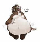 2015 abdominal_bulge anthro arm_support biped blue_eyes bodily_fluids brown_body brown_fur brown_hair burping charr claws dagos exclamation_point eyewear fangs felid fingers front_view fur fur_markings goggles guild_wars hair hand_on_belly heart_symbol hi_res horn male male_pred mammal markings nude open_mouth oral_vore overweight overweight_anthro overweight_male saliva simple_background sitting soft_vore solo teeth tongue vore white_background white_body white_fur