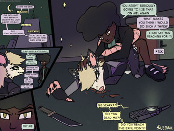 4_panel_comic ambiguous_gender ambiguous_penetration anthro armor blood bodily_fluids bottomless butt clothed clothing cum cum_inside cum_on_butt cum_pool dark_body dark_skin defeat_sex dialogue duo electronics fight fingerless_gloves forced genital_fluids gloves handwear knife latex latex_clothing latex_skinsuit legwear male male/ambiguous night nosebleed outside penetration peril radio rape resisting rooftop sex skinsuit sneaking_suit speech_bubble text tight_clothing torn_clothing torn_legwear walkie-talkie waschbar instant_loss_2koma carmine_mcscarra american_opossum human mammal marsupial 4:3 absurd_res comic english_text hi_res sequence female_(lore)