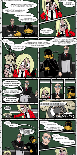 clothing dialogue electronics female group hair holding_object holding_phone jacket light_body light_skin male phone ponytail red_clothing red_jacket red_topwear speech_bubble text topwear trio redundantmodule 101_dalmatian_street 101_dalmatians disney alfred_bright hunter_de_vil lilith_(101_dalmatians) human mammal absurd_res comic english_text hi_res
