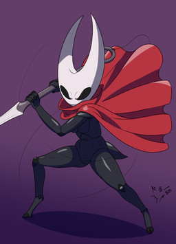 3_fingers angry black_body breasts cape clothing digitigrade exoskeleton female fingers hornet's_needle mask red_cape red_clothing solo weapon white_head lonelywolfy hollow_knight_(franchise) team_cherry hornet_(hollow_knight) arthropod humanoid insect hi_res
