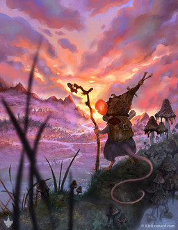 ambiguous_gender anthro backpack cloud detailed_background forest fungus fur grey_body grey_fur holding_object holding_staff landscape leaf_clothing mountain mushroom plant rear_view river solo staff standing star sunset tail tree whiskers valkiri mammal mouse murid murine rodent digital_media_(artwork)