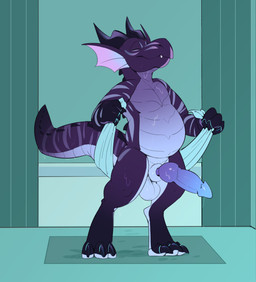after_shower animal_genitalia anthro balls black_body blue_body blue_penis erection eyes_closed frill_(anatomy) genitals horn inside knot knot_root knotted_penis male male_anthro nude nude_anthro nude_male penis purple_body sheath slightly_chubby slightly_chubby_anthro slightly_chubby_male solo standing teeth towel wet mintyderg kobold scalie 2024 absurd_res hi_res