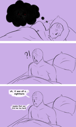 awake bed bodily_fluids dialogue dream furniture interrobang male nightmare pillow scared sleeping solo sweat text shannonrat jovi_cap_(oc) humanoid comic english_text hi_res