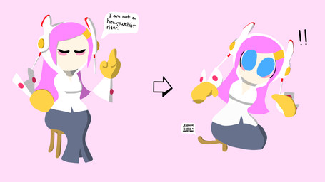 accessory blue_eyes blush bottomwear clothing exclamation_point eyes_closed female fist_on_hip floating_hands furniture gloves grey_bottomwear grey_clothing grey_skirt hair hair_accessory hairclip handwear jacket looking_at_viewer machine mouthless pink_background pink_hair simple_background skirt solo stool surprised text topwear yellow_clothing yellow_gloves yellow_handwear bull3t kirby_(series) nintendo susie_(kirby) humanoid robot 16:9 4k absurd_res english_text hi_res widescreen