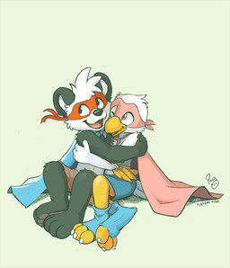 anthro beak black_body black_fur blue_bottomwear blue_cape blue_clothing blue_shorts bottomwear brown_bottomwear brown_clothing brown_shorts cape clothed clothing duo fangs fur glistening glistening_eyes green_background head_tuft hug looking_aside male mask one_eye_closed open_mouth open_smile pink_cape pink_clothing pink_mask red_mask red_tongue shorts simple_background sitting smile teeth tongue tuft wearing_mask white_body white_fur yellow_beak yellow_eyes young young_anthro young_male pandapaco flurrabell parinton avian bear bird chicken galliform giant_panda mammal phasianid