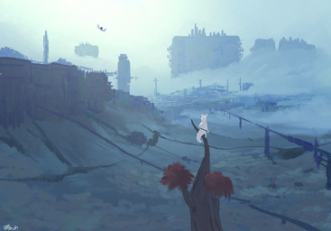 ambiguous_gender anthro biped blue_background building day desolate detailed_background holding_melee_weapon holding_object holding_polearm holding_spear holding_weapon in_tree melee_weapon outside plant polearm scenery_porn semi-anthro simple_background solo spear standing tree weapon white_body discreet_user rain_world videocult slugcat 2023 digital_media_(artwork) hi_res