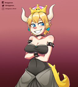 alternate_species animal_tail big_breasts black_clothing black_dress blonde_hair blue_eyes blush bracelet breasts cleavage clothed clothing collar crossgender crown dress ear_piercing eyelashes female front_view hair headgear horn humanoid_pointy_ears jewelry piercing pink_background pointy_ears scales short_hair simple_background smile solo studded_bracelet studded_collar studded_jewelry studs super_crown tail tan_body tan_horn tan_skin wide_hips yellow_body yellow_scales briggman bowsette_meme mario_bros nintendo bowser horned_humanoid humanoid tailed_humanoid hi_res meme