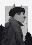 anthro building cigarette clothed clothing fur hair jacket looking_at_viewer male mouth_closed solo standing topwear moronsuka 2022 digital_media_(artwork) hi_res monochrome shaded