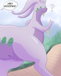 anus butt female feral genitals green_eyes liquid_hair pink_body pseudo_hair pussy question_mark sky solo speech_bubble text blarkel nintendo pokemon generation_6_pokemon goodra pokemon_(species) 4:5 absurd_res english_text hi_res