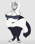 anthro belly big_belly big_breasts big_butt black_body black_bottomwear black_clothing black_fur black_nose bottomwear breasts butt clothed clothing ear_piercing ear_ring eyelashes female front_view fur grey_clothing grey_hair grey_topwear hair huge_breasts huge_butt long_hair mouth_closed navel overweight overweight_anthro overweight_female piercing ring_piercing solo standing topwear white_body white_eyes white_fur roobin helluva_boss loona_(helluva_boss) canid canine mammal full-length_portrait hi_res portrait