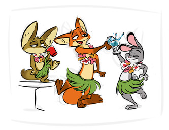 ambiguous_gender anthro beverage clothed clothing container cup dancing dipstick_ears dipstick_tail drinking drunk ear_markings eyes_closed floral flower flower_garland fur garland gloves_(marking) grass_skirt grey_body grey_fur group hawaiian holding_container holding_cup holding_object inner_ear_fluff leg_markings lei markings multicolored_body multicolored_ears multicolored_fur multicolored_tail on_one_leg open_mouth open_smile orange_body orange_fur plant simple_background size_difference smile socks_(marking) standing substance_intoxication tail tail_markings tan_body tan_fur topless tuft two_tone_body two_tone_fur white_background white_body white_fur ishoka disney zootopia finnick_(zootopia) judy_hopps nick_wilde canid canine fennec_fox fox lagomorph leporid mammal rabbit red_fox true_fox 2017