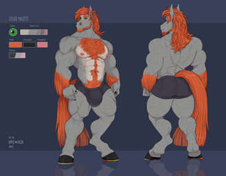 abs anthro barbell_piercing beard belly_hair body_hair bulge chest_hair clothed clothing facial_hair front_view fur glistening glistening_eyes green_eyes grey_background grey_body grey_fur hair male male_anthro mouth_closed muscular muscular_anthro muscular_male narrowed_eyes navel nipple_barbell nipple_piercing nipples orange_beard orange_facial_hair orange_hair pecs piercing pubes rear_view simple_background solo standing text topless apple-faced jackson_hoss equid equine horse mammal 2022 artist_name dated english_text hi_res model_sheet