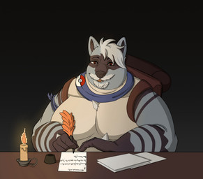 anthro arms_bent backpack black_background black_eyebrows black_inner_ear black_markings black_nose blue_body blue_fur blue_scarf brown_backpack candle chest_spike eyebrows facial_hair fangs fire fur furniture goatee grey_facial_hair grey_goatee grey_hair grey_mustache hair hand_spike holding_object holding_quill light lit_candle loose_feather male markings multicolored_body multicolored_fur mustache obese obese_anthro obese_male open_mouth open_smile overweight overweight_anthro overweight_male paper quill red_eyes scarf short_hair simple_background smile solo spikes spikes_(anatomy) table tan_body tan_fur teeth writing_text elcastorblanco nintendo pokemon amos_flare fan_character generation_4_pokemon lucario pokemon_(species) 2023 colored digital_drawing_(artwork) digital_media_(artwork) english_description hi_res lighting shaded