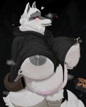 anthro areola belly belly_tattoo big_belly big_breasts big_pupils black_background blush bodily_fluids breasts cheek_tuft claws clenched_teeth cloak clothed clothing crossgender curvy_figure dilated_pupils ears_down emanata embarrassed erect_nipples exposed_breasts facial_markings facial_tuft female fluffy fluffy_tail fur fuzzy green_eyes grey_areola grey_nipples hand_on_breast hat head_markings headgear headwear heart_symbol holding_breast holding_clothing holding_hat holding_headgear holding_headwear holding_object huge_breasts hyper hyper_breasts lactating lactating_through_clothing leg_wrap leg_wraps markings mask_(marking) mtf_crossgender narrowed_eyes navel neck_tuft nipples offscreen_character orange_body orange_fur partially_clothed pivoted_ears poncho pregnancy_tally pregnant pregnant_anthro pregnant_female pupils red_eyes shy simple_background solo standing sweat sweatdrop symbol tail tattoo teeth thick_thighs tuft weapon_holster wet wet_clothing white_body white_fur wrapped_legs wraps fugorsa dreamworks puss_in_boots_(franchise) death_(puss_in_boots) puss_in_boots_(dreamworks) canid canine canis domestic_cat felid feline felis mammal wolf absurd_res digital_media_(artwork) hi_res krita_(artwork)