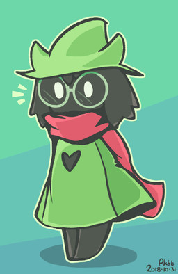 ambiguous_gender anthro biped black_body black_fur blue_background clothed clothing empty_eyes eyewear floppy_ears fully_clothed fur glasses green_background green_clothing green_hat green_headwear green_robe hat head_tuft headgear headwear heart_symbol horn looking_at_viewer mouthless pink_scarf robe scarf shadow simple_background solo standing tuft white_eyes witch_hat normalart deltarune undertale_(series) ralsei bovid caprine darkner goat mammal 2018 digital_media_(artwork) full-length_portrait portrait signature