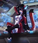 2015 android anthro ara_(fluff-kevlar) biped black_body black_fur black_hair blue_eyes blue_nipples blue_pawpads breasts conditional_dnp cybernetics cyborg detailed_background digital_media_(artwork) domestic_cat exposure_variation felid feline felis female fluff-kevlar fur futuristic genitals glowing hair long_hair looking_at_viewer machine mammal multicolored_body multicolored_fur nipples nude pawpads pussy red_body red_fur robot science_fiction shaded sitting solo space tail white_body white_fur