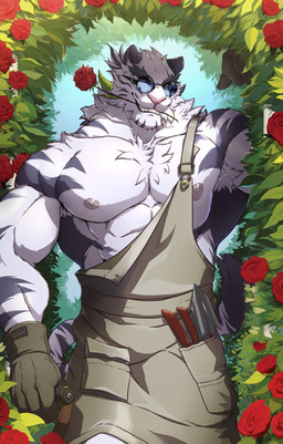 abs anthro apron apron_only areola armpit_hair beard biceps big_chest big_muscles big_pecs biped body_hair broad_shoulders cheek_tuft chest_tuft clothed clothing deltoids detailed_background dipstick_tail eyebrows eyewear facial_hair facial_markings facial_tuft fangs flower flower_in_mouth forearm_muscles front_view fur garden glasses gloves green_apron green_clothing green_gloves green_handwear grey_areola grey_body grey_ears grey_eyebrows grey_fur grey_hair grey_nipples grey_stripes grey_tail grey_tail_tip grin hair handwear head_markings holding_object holding_tool looking_at_viewer male markings multicolored_body multicolored_fur multicolored_hair muscular muscular_anthro muscular_arms muscular_male neck_tuft nipples outside partially_clothed pecs pink_nose plant pockets raised_hand rose_(flower) rose_in_mouth shovel smile smug solo standing striped_markings striped_tail stripes tail tail_markings tail_tuft teeth thin_tail tools triceps tuft two_tone_body two_tone_fur two_tone_hair two_tone_tail wearing_glasses wearing_gloves white_armpit_hair white_body white_fur white_hair white_tail purtropos dislyte lilith_games jin_qiu_(dislyte) felid mammal pantherine tiger 2025 digital_media_(artwork) hi_res portrait signature three-quarter_portrait