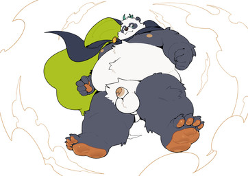 anthro balls belly big_belly black_body black_white_body bottomless claws clothed clothing cloud coat coat_cape coat_only flaccid foreskin fur genitals green_eyes hood kemono leaf looking_at_viewer male moobs navel nipples nude overweight overweight_anthro overweight_male pawpads paws penis simple_background solo toe_claws topwear topwear_only white_body quanjiang bear giant_panda mammal absurd_res hi_res