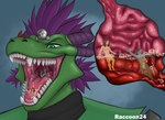 anthro bodily_fluids feathers green_eyes group male open_mouth oral_vore organs purple_body purple_feathers saliva size_difference stomach stomach_acid tongue trio uvula vore raccoon24 microsoft the_elder_scrolls the_elder_scrolls_online argonian canid canine canis human mammal scalie wolf hi_res