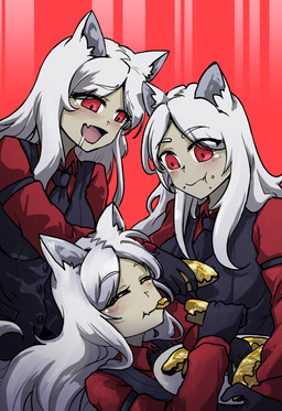 blush bodily_fluids breasts clothing drooling eating eyes_closed female food gloves group hair handwear open_mouth pancake red_eyes saliva simple_background smile white_hair vyragami helltaker cerberus_(helltaker) animal_humanoid canid canid_humanoid humanoid mammal mammal_humanoid 2020 absurd_res hi_res