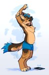 4_fingers anthro blue_tongue bulge chest_tuft clothed clothing collar drawing_pen drawing_tablet ear_piercing ear_tuft eyes_closed featureless_crotch fingers fur male multicolored_body multicolored_fur navel overweight piercing side_view simple_background slightly_chubby slightly_chubby_male solo stretching tail tongue tongue_out tuft underwear underwear_only kitakettu_(artist) xavu_(kitakettu) canid canine canis domestic_dog german_shepherd herding_dog mammal pastoral_dog hi_res