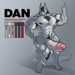 abs anthro armpit_hair ball_tuft balls biceps big_balls big_muscles big_pecs big_penis body_hair calf_muscles chest_hair deltoids erection foreskin fur genitals gesture gradient_background grey_background hair hand_gesture happy_trail huge_muscles huge_pecs huge_penis humanoid_genitalia humanoid_penis hyper hyper_genitalia hyper_penis looking_at_viewer male middle_finger muscular muscular_anthro muscular_arms muscular_male muscular_thighs nipples nude pecs penis profanity quads simple_background solo tail text trapezius triceps tuft vein veiny_penis batmanholecover dan_(batmanholecover) canid canine canis mammal 1:1 absurd_res english_text hi_res