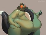 ambiguous_gender anthro belly belly_overhang belly_rolls big_belly big_cheeks chubby_cheeks double_chin embarrassed fat_rolls featureless_crotch fingers flabby_arms flabby_legs fupa green_body hand_on_belly holding_belly huge_belly huge_thighs hyper hyper_belly love_handles male moobs morbidly_obese morbidly_obese_anthro morbidly_obese_male navel neck_rolls obese obese_anthro obese_male orange_cheeks overweight overweight_anthro overweight_male pawpads paws shocked simple_background solo tail thick_tail thick_thighs tire wide_hips shibadoodles nintendo pokemon cyclizar generation_9_pokemon pokemon_(species) reptile scalie signature