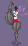 2_fingers anthro beak bottomwear clothing female fingers grey_body huge_thighs purple_background raised_leg shirt shorts simple_background solo text thick_thighs topwear jovi_cap avian bird english_text hi_res